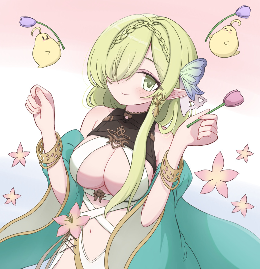 1girl absurdres azur_lane bare_shoulders bracelet braid breasts butterfly_hair_ornament closed_mouth de_zeven_provincien_(azur_lane) dvomil flower green_eyes green_hair hair_ornament hair_over_one_eye highres jewelry large_breasts looking_at_viewer manjuu_(azur_lane) navel pink_flower pink_tulip pointy_ears purple_flower purple_tulip smile stomach tulip upper_body wide_sleeves