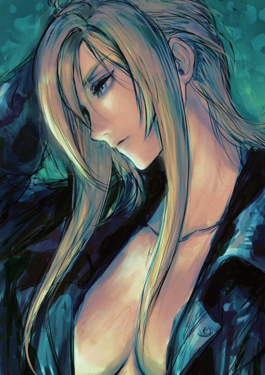 1girl aya_brea black_jacket blonde_hair blue_eyes breasts closed_mouth collarbone commentary highres jacket lips long_hair long_sidelocks noie_(neunteedelstein) open_clothes open_jacket parasite_eve_(series) parasite_eve_i sidelocks solo