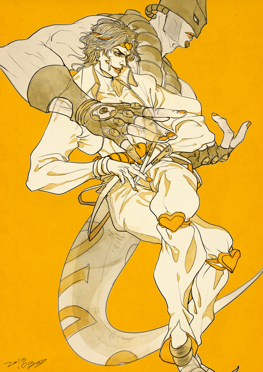 2boys bandage_on_face bandages dio_brando fingerless_gloves glasgow_smile gloves headband heart_headband heart_kneepads highres jacket jojo_no_kimyou_na_bouken knife long_hair male_focus monochrome multiple_boys nail_polish pointy_footwear stand_(jojo) stardust_crusaders the_world throwing_knife tsukimo_akira weapon yellow_theme