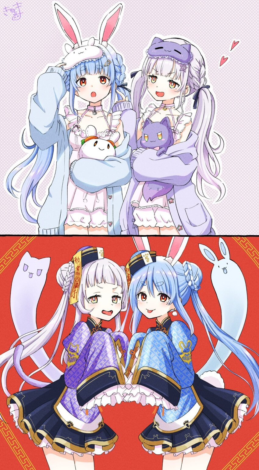 2girls :d :o :p animal_ear_fluff animal_ears arm_up black_skirt blue_hair blue_hat blue_jacket blue_shirt blush braid character_doll closed_mouth collarbone commentary_request cosplay doll don-chan_(usada_pekora) dress grey_hair hat heart highres hololive jacket juliet_sleeves kiritoma long_hair long_sleeves mask mask_on_head meandros multiple_girls murasaki_shion murasaki_shion_(cosplay) murasaki_shion_(loungewear) off_shoulder ofuda open_clothes open_jacket open_mouth orange_eyes pekomon_(usada_pekora) pleated_skirt puffy_long_sleeves puffy_shorts puffy_sleeves purple_hair purple_jacket purple_shirt qingdai_guanmao rabbit-shaped_pupils rabbit_ears red_eyes shirt short_eyebrows short_shorts shorts skirt sleep_mask sleeves_past_fingers sleeves_past_wrists smile symbol-shaped_pupils thick_eyebrows tilted_headwear tongue tongue_out twintails usada_pekora usada_pekora_(10th_costume) usada_pekora_(cosplay) v-shaped_eyebrows very_long_hair virtual_youtuber white_dress white_shorts