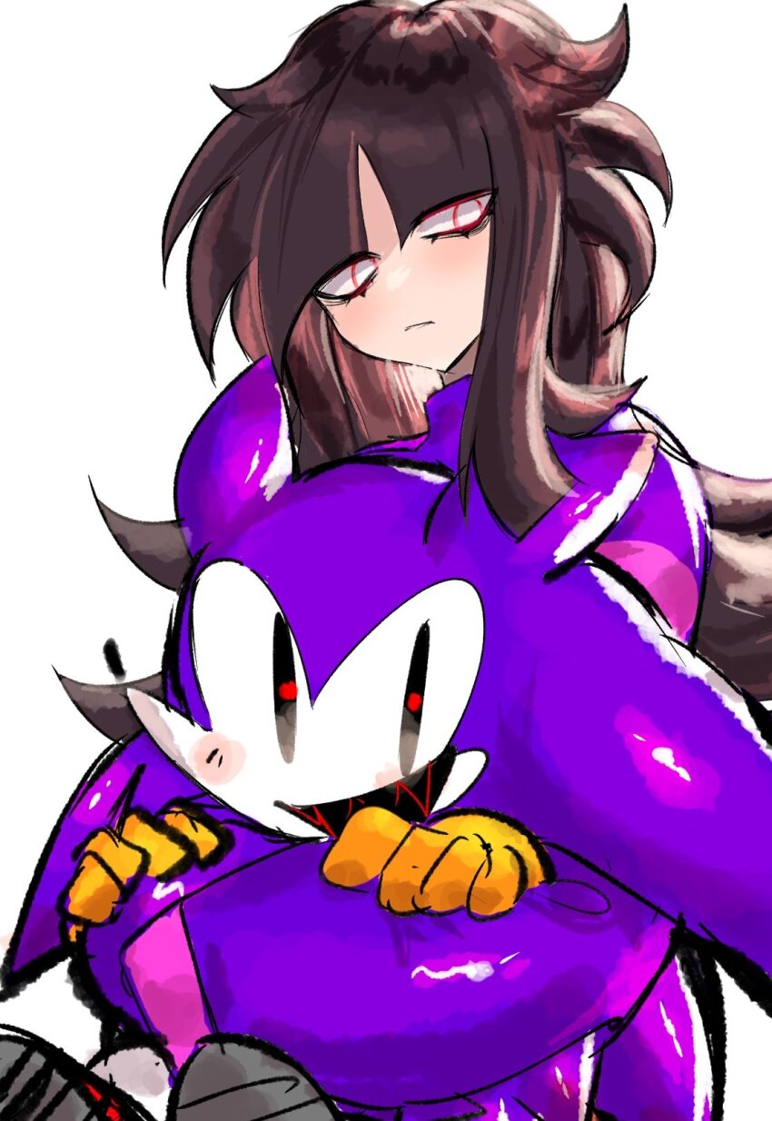 animal_ears brown_hair friday_night_funkin&#039; gloves hedgehog hedgehog_boy highres holding long_hair looking_at_viewer messy_hair mr._needlemouse original purple_fur quill red_eyes shoes smile sonic_(series) usa37107692