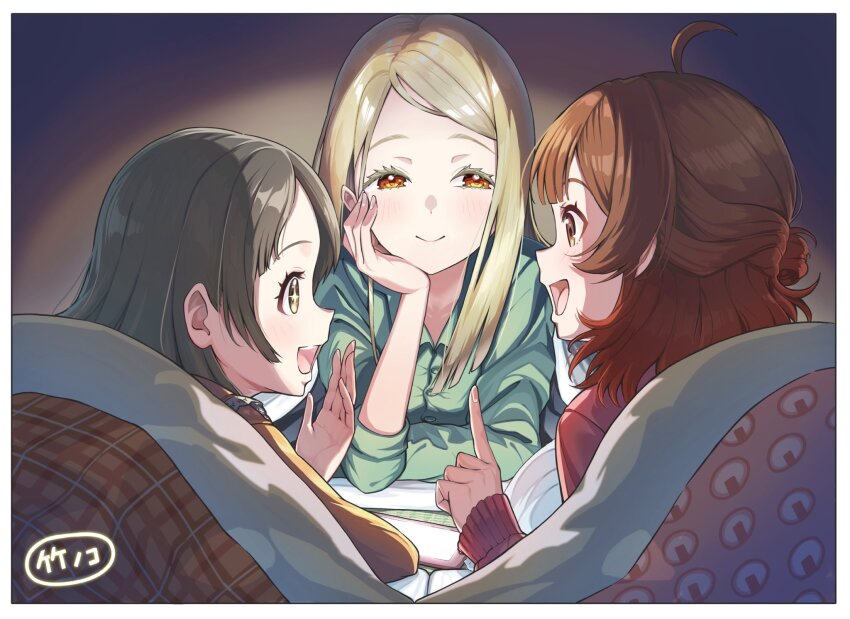 3girls ahoge blonde_hair brown_eyes brown_hair buttons commentary_request dark_background eyelashes futon gakuen_idolmaster green_pajamas hanami_ume head_rest highres idolmaster index_finger_raised kuramoto_china light_blush long_hair looking_at_another lying medium_hair multiple_girls on_stomach open_mouth pajamas pink_pajamas shinosawa_hiro sidelocks sleepover smile sparkling_eyes takenoko_(ikenouenoochiba) teeth upper_teeth_only yellow_pajamas