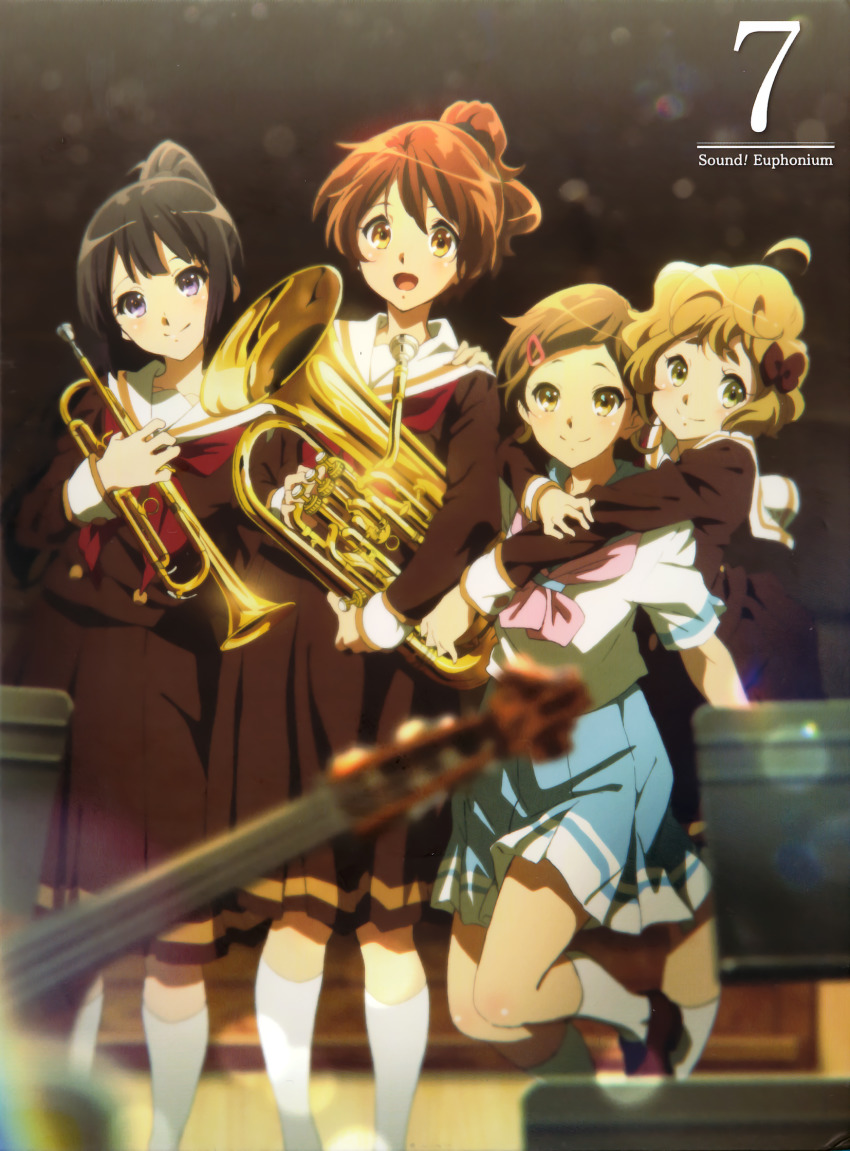 4girls album_cover black_hair blonde_hair blue_sailor_collar blue_skirt blurry blurry_foreground blush brown_eyes brown_hair brown_shirt brown_skirt closed_mouth cover double_bass euphonium green_eyes hair_ornament hairclip hibike!_euphonium highres holding holding_instrument hug hug_from_behind ikeda_shouko indoors instrument katou_hazuki kawashima_sapphire kitauji_high_school_uniform kneehighs kousaka_reina long_hair long_sleeves looking_at_viewer multiple_girls music_stand neckerchief official_art open_mouth oumae_kumiko pink_neckerchief pleated_skirt ponytail purple_eyes red_neckerchief sailor_collar school_uniform serafuku shirt short_hair short_sleeves skirt smile socks standing trumpet white_sailor_collar white_shirt white_socks