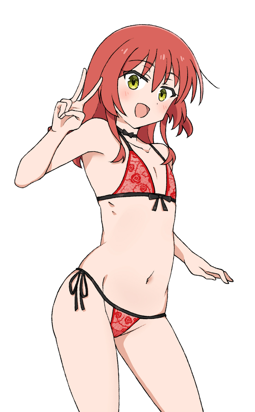 1girl arm_at_side black_choker bocchi_the_rock! bow bow_bra bow_choker bra choker choppy_bangs collarbone commentary_request contrapposto cowboy_shot dot_nose flat_chest green_eyes hamuno hand_up highres kita_ikuyo lingerie long_hair looking_at_viewer navel open_mouth panties red_bra red_hair red_panties simple_background solo standing stomach string_bra string_panties underwear underwear_only v variant_set white_background