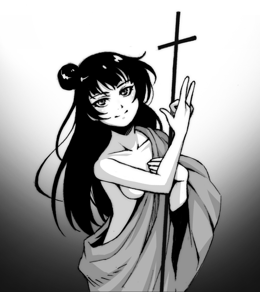 1girl christianity commentary_request convenient_arm cross gradient_background greyscale hair_bun highres latin_cross light_smile long_hair looking_at_viewer love_live! love_live!_sunshine!! monochrome one_breast_out robe single_hair_bun solo suzushiro_(suzushiro333) tsushima_yoshiko