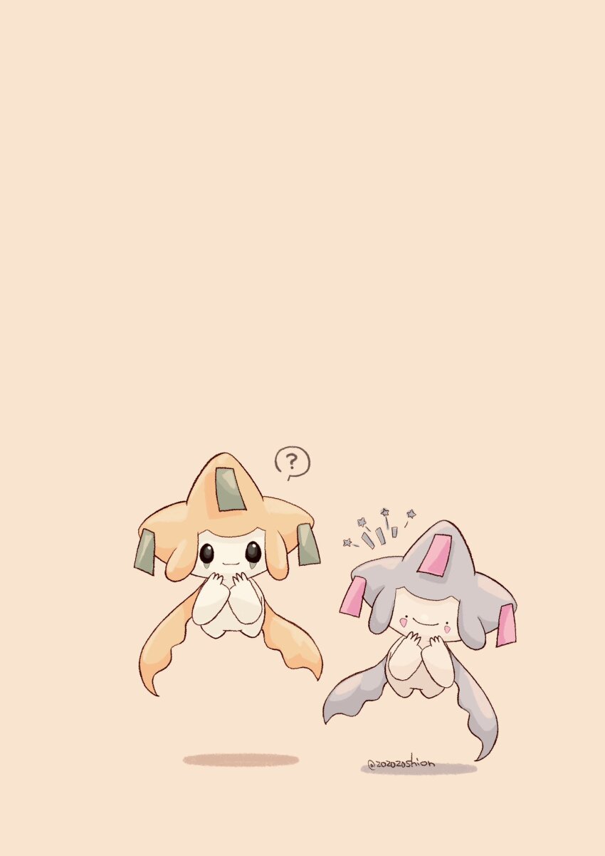 ? alternate_color animal_focus artist_name black_eyes colored_skin commentary_request ditto facial_mark floating gen_1_pokemon gen_3_pokemon highres jirachi legendary_pokemon mythical_pokemon nintendo no_humans pokemon pokemon_(creature) simple_background speech_bubble tanzaku thought_bubble transformed_ditto twitter_username white_background white_skin zozozoshion