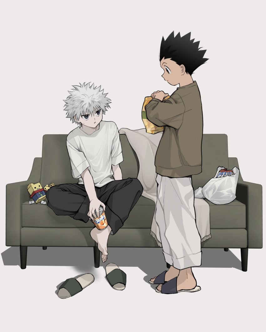 2boys bag bag_of_chips barefoot black_hair black_pants blanket blue_eyes brown_eyes brown_sweater can closed_mouth couch dot_mouth drink_can eye_contact gon_freecss grey_background highres holding holding_can hunter_x_hunter killua_zoldyck long_sleeves looking_at_another male_focus multiple_boys pants plastic_bag sandals sha_nato shadow shirt short_hair short_sleeves simple_background sitting slides standing sweater white_hair white_pants white_shirt