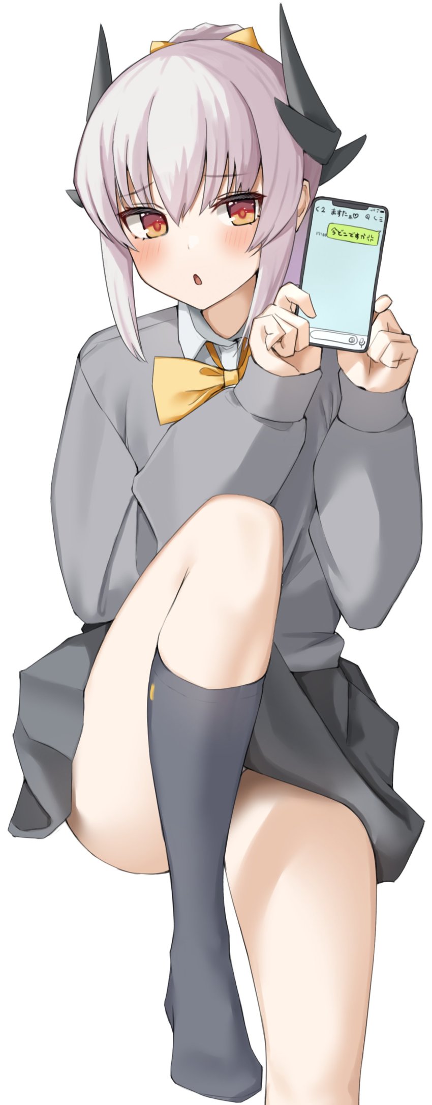 1girl absurdres blush breasts cellphone dragon_girl dragon_horns fate/grand_order fate_(series) highres horns kiyohime_(fate) kiyohime_(third_ascension)_(fate) kopaka_(karda_nui) long_hair long_sleeves looking_at_viewer medium_breasts multiple_horns open_mouth phone ponytail red_eyes skirt solo thighs white_hair