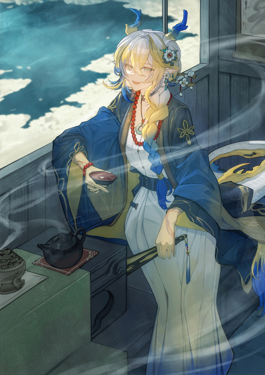 1girl :d absurdres arknights bead_necklace beads blonde_hair blue_hair blue_haori blue_sash braid buttons chinese_commentary collarbone colored_extremities commentary_request cup dragon_girl dragon_horns dragon_tail dress drink earrings feet_out_of_frame flower flower_earrings folding_fan green_eyes hair_flower hair_ornament hair_over_shoulder hand_fan haori highres holding holding_drink holding_fan horns japanese_clothes jewelry long_hair long_sleeves looking_at_viewer multicolored_hair necklace open_clothes open_mouth orange_pupils pointy_ears sakazuki sash shu_(arknights) sitting smile smoke solo tail two-sided_fabric white_dress white_flower white_hair wide_sleeves xiahou_xiansheng yellow_haori