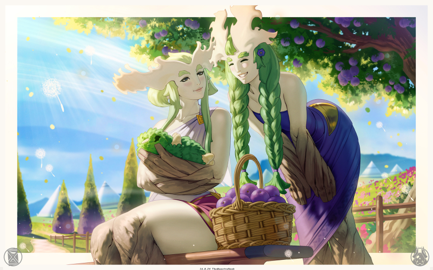 2girls artist_logo artist_name baby basket border closed_eyes commentary dated english_commentary green_hair highres logo monster_girl multiple_girls original plant_girl themaestronoob tree tree_bark white_border