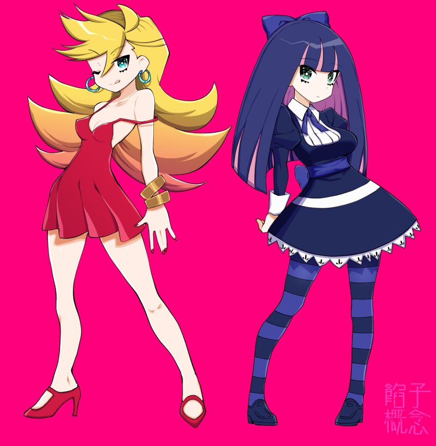 2girls bare_shoulders black_dress black_hair black_pantyhose black_straps blonde_hair blue_eyes blue_pantyhose breasts cleavage dress full_body green_eyes high_heels highres koshianpancake medium_breasts multiple_girls panty_&amp;_stocking_with_garterbelt panty_(psg) pantyhose pink_background pink_hair red_dress red_shoes shoes simple_background single_off_shoulder spaghetti_strap stocking_(psg) tongue tongue_out