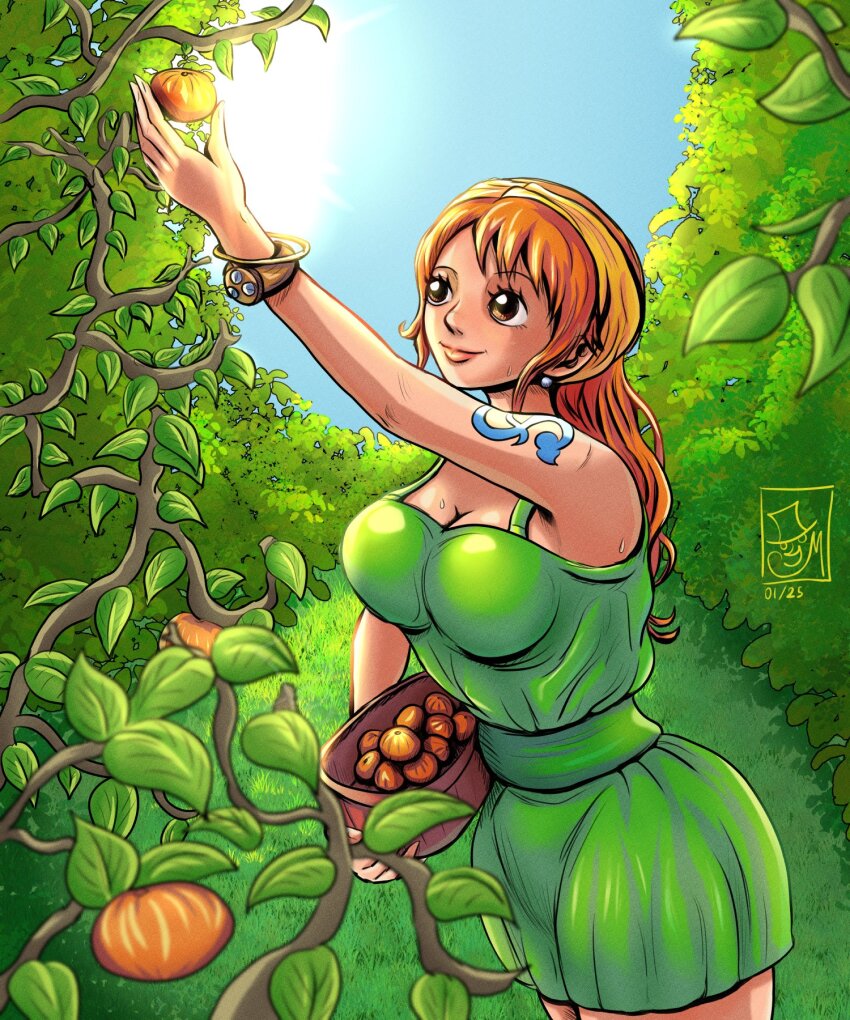 1girl arm_tattoo bangle basket blue_sky bracelet breasts brown_eyes cleavage day dress earrings food fruit grass green_dress headscarf highres holding holding_basket jewelry large_breasts log_pose long_hair mandarin_orange metalytar nami_(one_piece) nature one_piece orange_hair outdoors sky smile solo sunlight tattoo tree