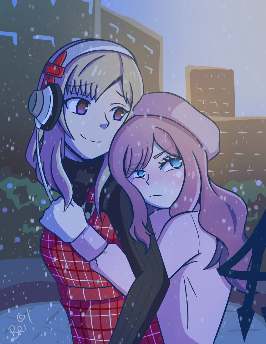 2girls atarashi_coco black_shirt black_wings blue_eyes blush brown_eyes closed_mouth eyebrows_hidden_by_hair eyelashes frown grey_hair headphones highres hug hug_from_behind long_sleeves matsunae_tsugumi multiple_girls outdoors overalls pink_hair pink_shirt plaid_clothes plaid_overalls shin_subarashiki_kono_sekai shirt smile snowing spiked_wings subarashiki_kono_sekai wings yuri