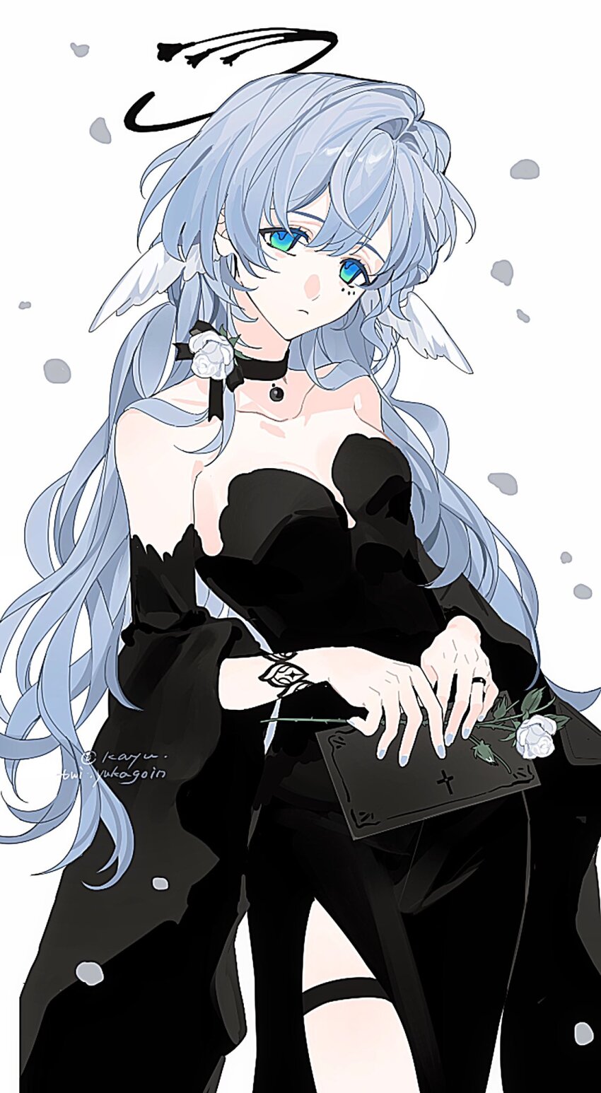 1girl bare_shoulders black_choker black_dress black_halo blue_eyes breasts choker closed_mouth collarbone commentary cowboy_shot detached_sleeves dress expressionless facial_mark flower flower_choker grey_hair hair_intakes halo head_tilt head_wings highres holding holding_flower honkai:_star_rail honkai_(series) jewelry kayu_(yukagoin) long_hair long_sleeves looking_at_another looking_at_viewer ring robin_(honkai:_star_rail) simple_background small_breasts solo standing strapless strapless_dress symbol-only_commentary tareme thigh_strap very_long_hair watermark white_background wide_sleeves wings