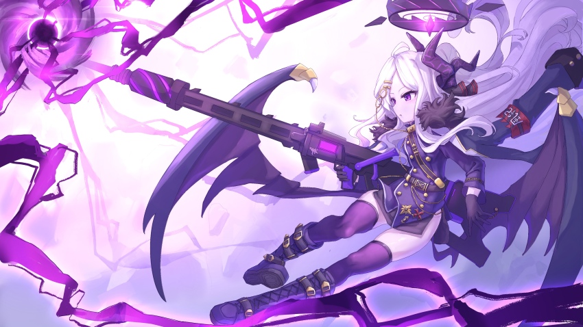 1girl absurdres ahoge ajdkc666 armband black_coat black_halo black_skirt black_thighhighs blue_archive blush boots breasts coat coat_on_shoulders demon_girl demon_horns demon_wings full_body gun halo highres hina_(blue_archive) holding holding_gun holding_weapon horns long_hair looking_at_another machine_gun mg42 purple_eyes red_armband skirt small_breasts solo thighhighs weapon white_hair wings