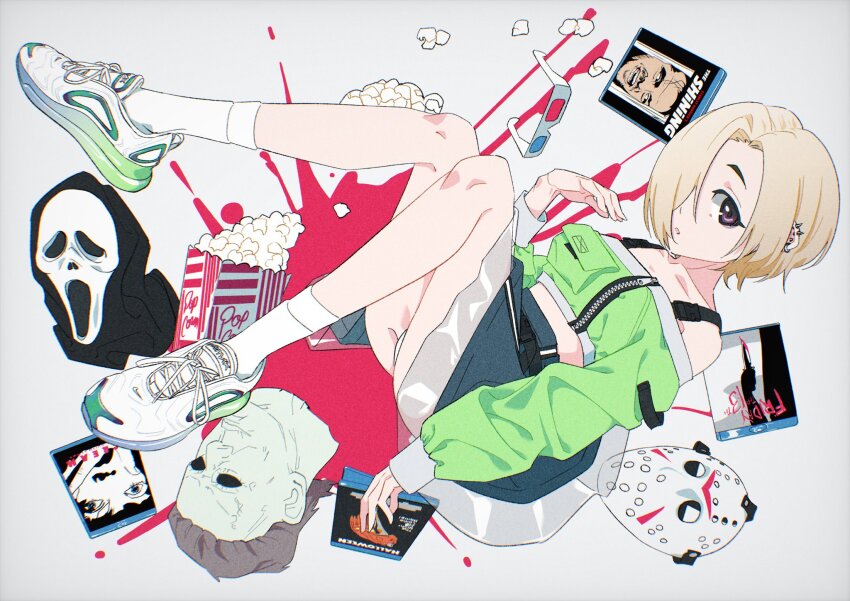 1girl 3d_glasses acubi_tomaranai bare_shoulders blonde_hair blood blood_splatter blu-ray blue_skirt buckle collarbone commentary_request cropped_jacket ear_piercing food friday_the_13th ghostface green_jacket groin_tendon hair_over_one_eye halloween_(movie) highres hockey_mask idolmaster idolmaster_cinderella_girls jacket jason_voorhees long_sleeves looking_at_viewer mask michael_myers nike_(company) off-shoulder_jacket off_shoulder panties parted_lips piercing popcorn scream_(movie) shirasaka_koume shoes short_hair skirt snap-fit_buckle sneakers socks solo streetwear the_shining underwear white_background white_panties white_socks