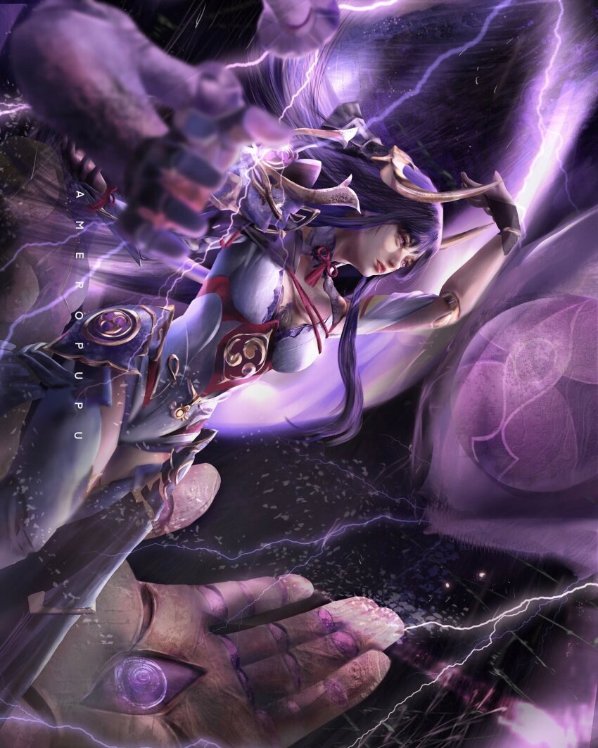 1girl ameropupu arm_up armor armored_leotard artist_name black_gloves blurry blurry_foreground breasts commentary doll_joints electricity english_commentary eyeshadow fake_horns fingerless_gloves floating_hair genshin_impact giant_hand gloves highres horns japanese_armor japanese_clothes joints kimono kusazuri leotard light_particles long_hair looking_to_the_side makeup mechanical_hands medium_breasts mitsudomoe_(shape) mole mole_under_eye parted_lips purple_eyes purple_hair purple_kimono purple_leotard purple_rope purple_theme purple_thighhighs raiden_shogun raiden_shogun_(magatsu_mitake_narukami_no_mikoto) rope solo tassel thighhighs tomoe_(symbol) very_long_hair
