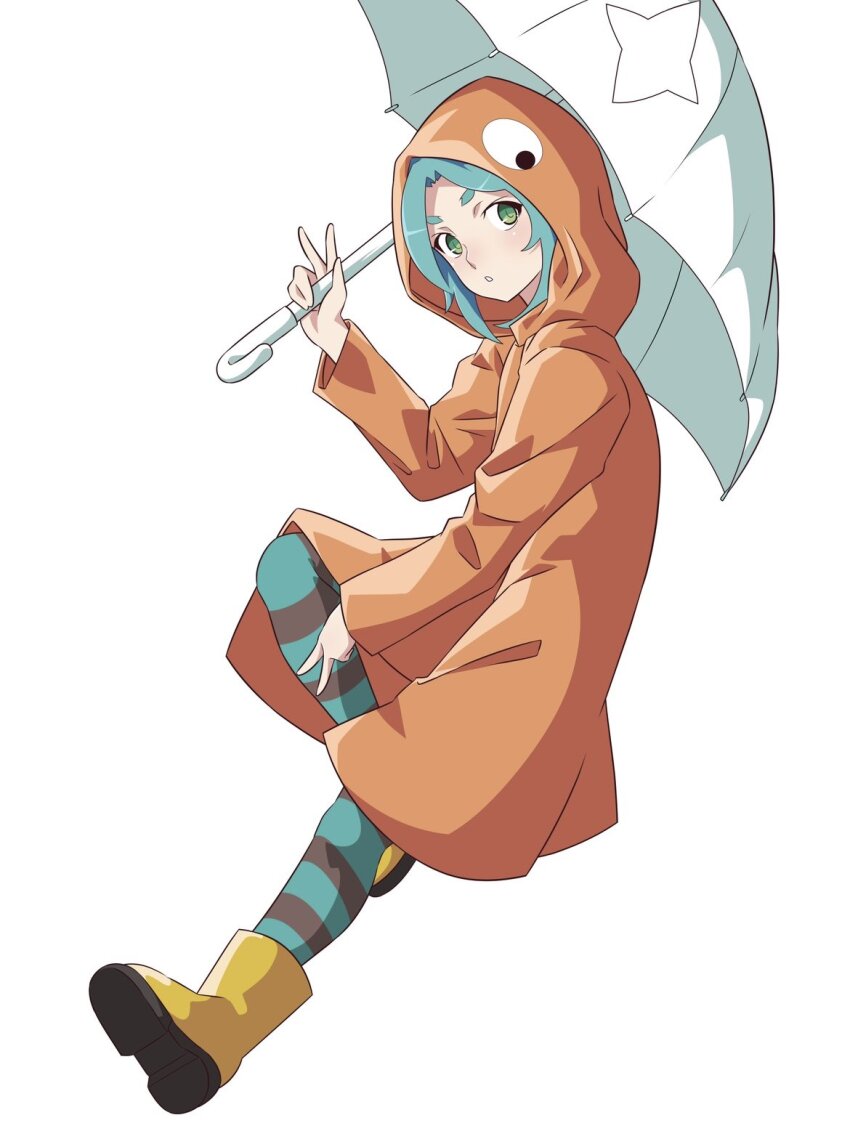1girl adapted_costume alternate_costume alternate_hairstyle anime_coloring aqua_hair aqua_leggings blush boots commentary_request curtained_hair full_body green_eyes grey_leggings guchiknight highres holding holding_umbrella hood hood_up hooded_coat leg_up leggings light_blush looking_at_viewer medium_hair monogatari_(series) official_style ononoki_yotsugi orange_raincoat parted_lips raincoat rubber_boots simple_background solo striped_leggings teeth thick_eyebrows umbrella v w white_background white_umbrella yellow_boots