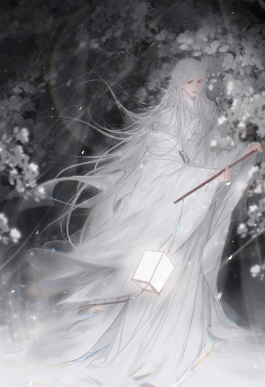 1boy absurdres branch chinese_clothes closed_mouth falling_petals floating_hair flower full_body glowing hair_ornament hair_over_shoulder half-closed_eyes hanfu highres holding holding_lantern jinguang_budaixi lantern limited_palette long_hair long_sidelocks long_sleeves looking_to_the_side male_focus petals qiao_rulai rainbow sidelocks sideways_glance solo swept_bangs three_quarter_view turkey223333 very_long_hair white_flower white_hair white_hanfu white_petals white_sleeves wide_sleeves yellow_eyes