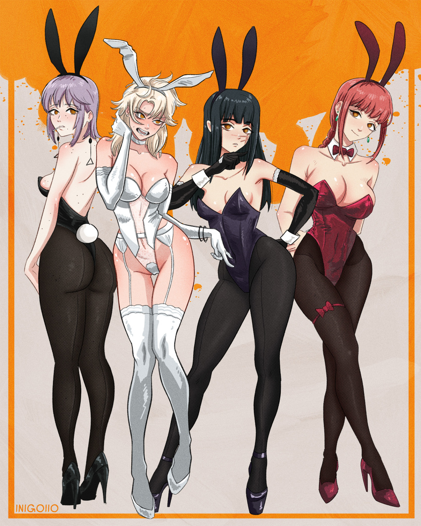 4girls animal_ears artist_name ass black_gloves black_hair black_leotard black_pantyhose black_shoes bow bowtie braid braided_ponytail breasts candy chainsaw_man cleavage closed_mouth collar contrapposto crossed_legs earrings elbow_gloves fake_animal_ears fami_(chainsaw_man) food full_body garter_belt garter_straps gloves grey_background high_heels highleg highleg_leotard highres inigoiio jewelry large_breasts leotard lollipop lollipop_in_mouth long_hair makima_(chainsaw_man) medium_breasts medium_hair mitaka_asa mole multiple_girls odd_one_out open_mouth orange_background orange_eyes pantyhose playboy_bunny purple_hair rabbit_ears rabbit_tail red_bow red_bowtie red_hair red_leotard red_shoes scar scar_on_face shoes smile standing standing_on_one_leg tail thigh_strap thighhighs traditional_bowtie white_collar white_garter_belt white_garter_straps white_gloves white_haired_girl_(chainsaw_man) white_leotard white_shoes white_thighhighs white_wrist_cuffs wrist_cuffs