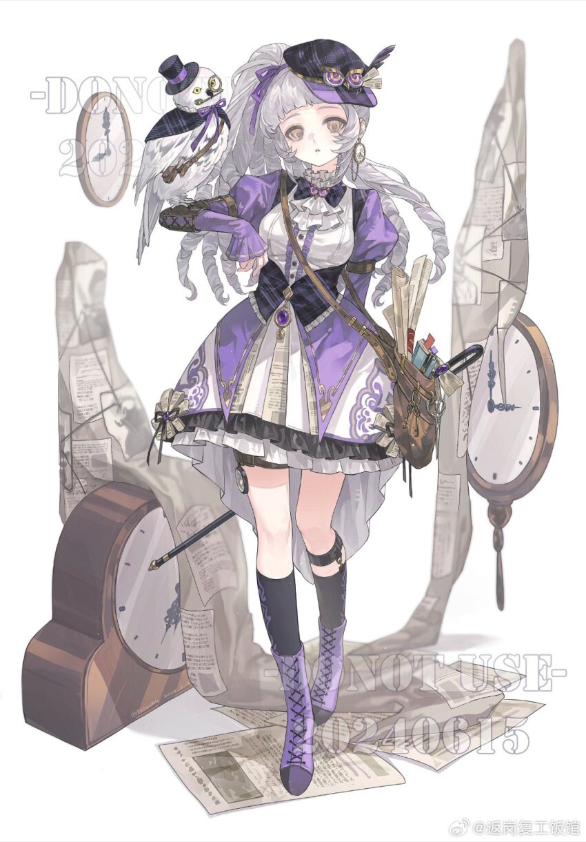 1girl bag bird black_socks boots bow cane clock cross_laced_footwear dress earrings full_body gears gloves grey_hair hat highres jewelry knee_boots kneehighs long_hair long_sleeves looking_at_viewer original pocket_watch puffy_sleeves quill simple_background socks solo standing steampunk tacfigure top_hat watch white_background