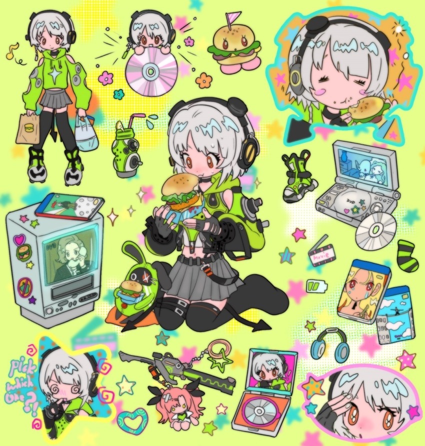 1girl @_@ amillion_(zenless_zone_zero) anby_demara bag bangboo_(zenless_zone_zero) battery_indicator black_boots black_gloves black_thighhighs blush boots bottle burger cd cd_case character_doll charm_(object) chibi chibi_inset crt cyber_fashion deformed detached_sleeves doll drink drinking_straw dvd_(object) dvd_case dvd_player eating english_text fingerless_gloves food fruitymarcy gloves green_hoodie grey_hair grey_skirt headphones holding holding_bag hood hood_down hoodie kneeling midriff musical_note navel nicole_demara orange_eyes pleated_skirt pointing pointing_at_self short_hair skirt solo spiral standing star_(symbol) sticker television thigh_boots thighhighs y2k_fashion zenless_zone_zero zettai_ryouiki