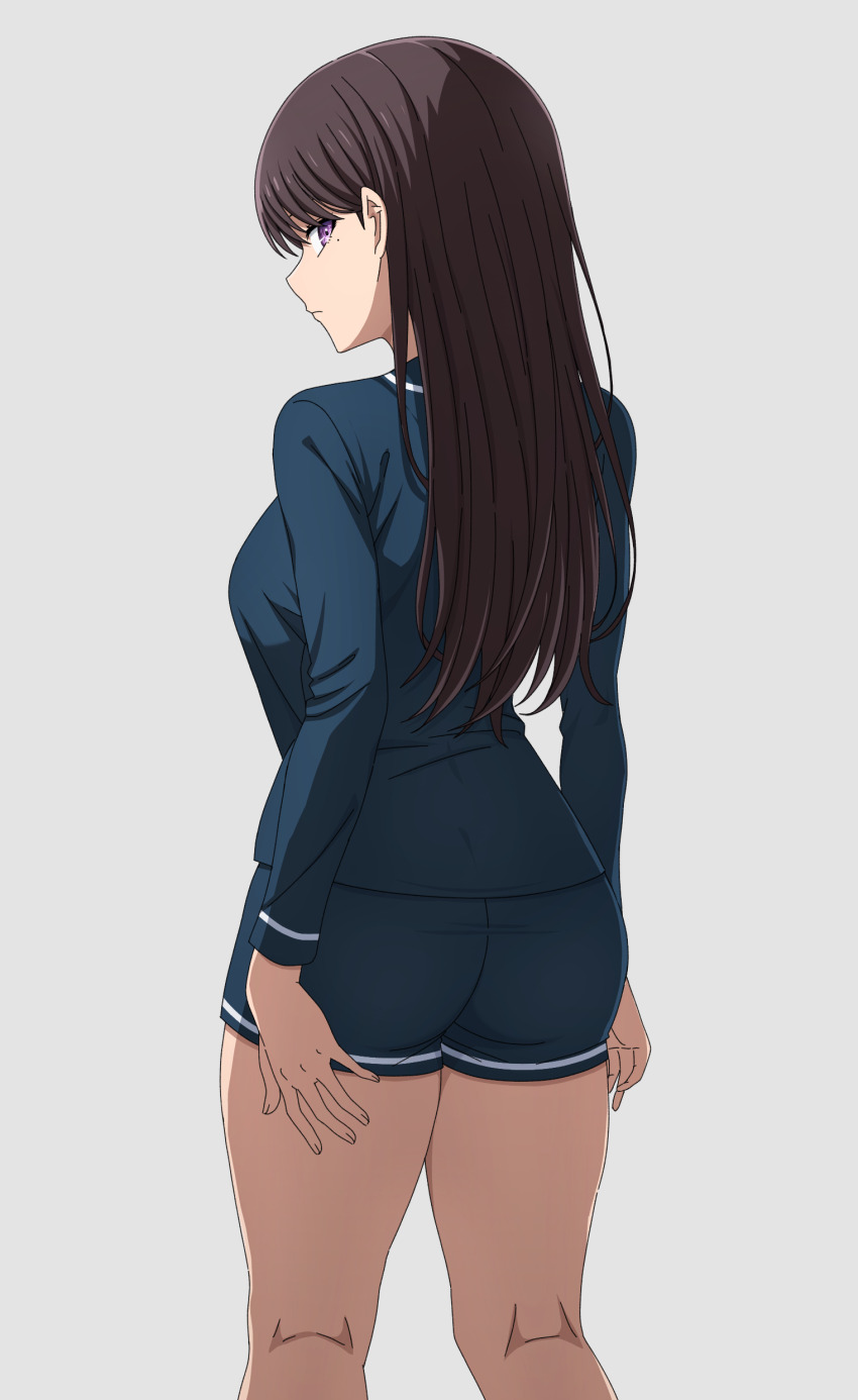 1girl absurdres ass bang_dream! bang_dream!_it&#039;s_mygo!!!!! black_hair blue_shirt blue_shorts closed_mouth commentary from_behind highres long_hair long_sleeves noshimurin paid_reward_available pajamas purple_eyes shiina_taki shirt shorts simple_background solo white_background