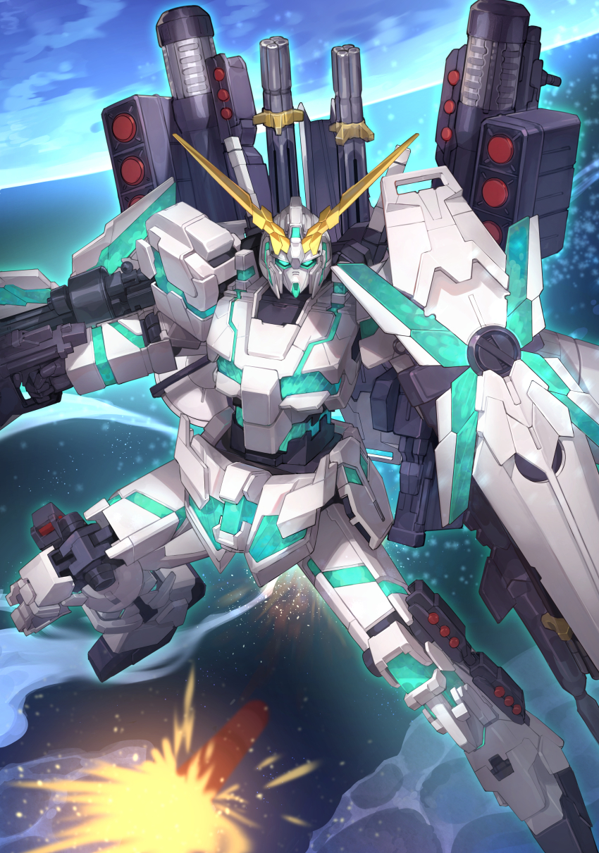 absurdres explosion full_armor_unicorn_gundam gatling_gun gun gundam gundam_unicorn highres holding holding_gun holding_shield holding_weapon mecha mecha_focus missile_pod mobile_suit no_humans nt-d robot shield uedrk_yamato unicorn_gundam v-fin weapon