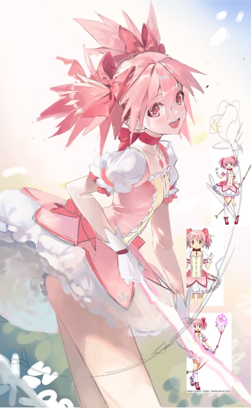 1girl arrow_(projectile) ass_peek blush bow bubble_skirt coloringday dress hair_ribbon highres kaname_madoka kaname_madoka_(magical_girl) leaning_forward magical_girl mahou_shoujo_madoka_magica mahou_shoujo_madoka_magica_(anime) medium_hair multiple_views open_mouth pink_dress pink_eyes pink_hair red_ribbon ribbon short_twintails skirt standing thighs twintails