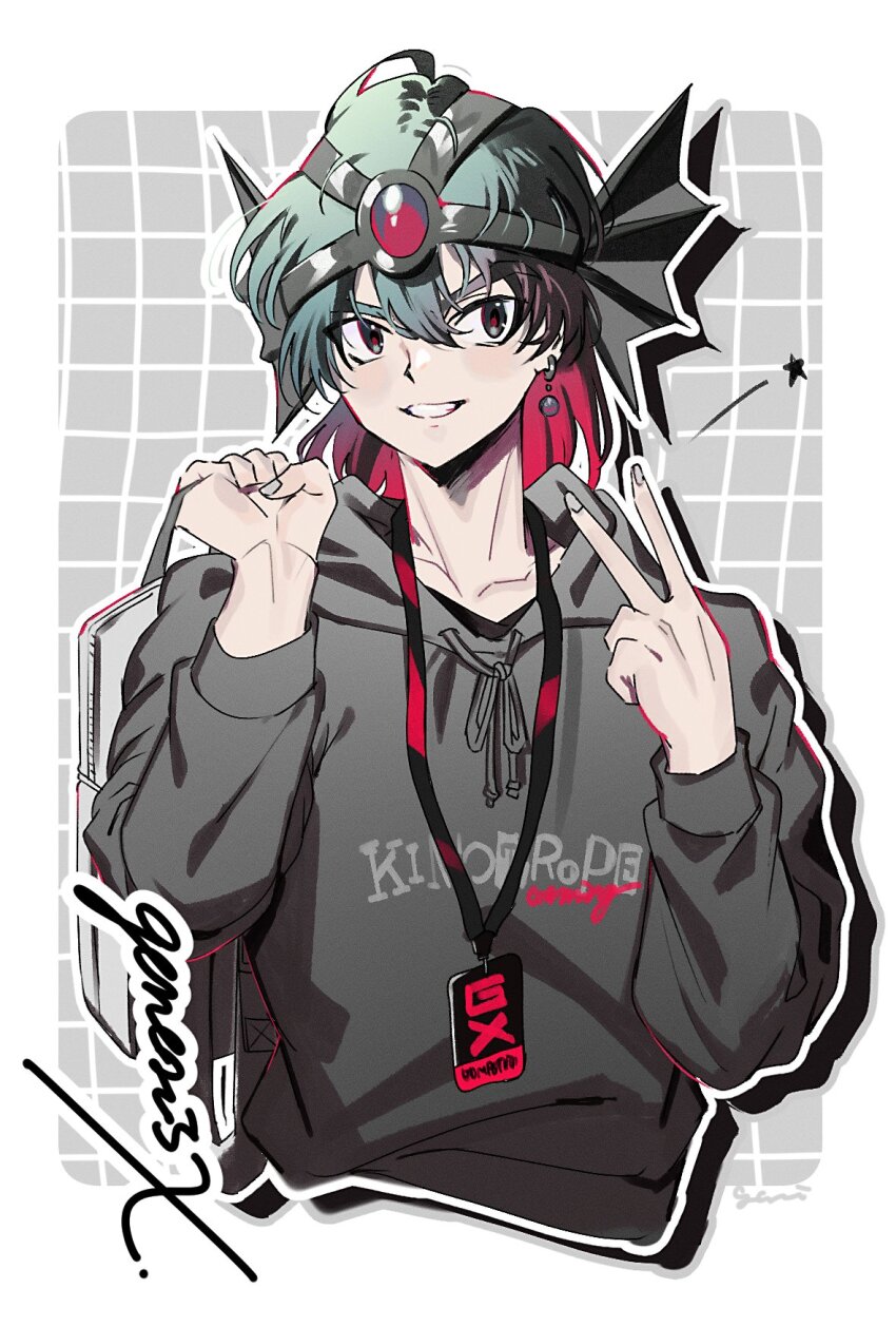 1boy bag border collarbone colored_inner_hair cropped_torso dragon_quest dragon_quest_iv earrings grey_theme grin hair_between_eyes hero_(dq4) highres holding holding_bag hood hood_down hoodie jewelry looking_at_viewer male_focus multicolored_hair name_tag outline signature smile solo white_border white_outline yasaikakiage