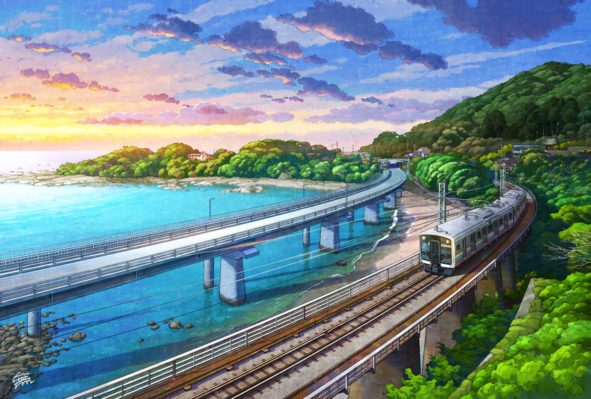bridge cloud commentary_request east_japan_railway_company kamogawa_(chiba) lamppost mountain mugumo_24k multiple_unit_train no_humans ocean original outdoors overhead_line power_lines railroad_tracks real_world_location revision road rock scenery train water