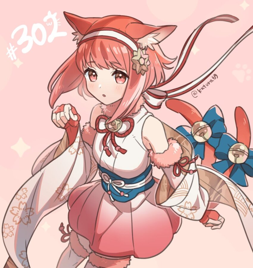 1girl animal_ears artist_name bare_shoulders bell cat_ears cat_tail detached_sleeves fingerless_gloves fire_emblem fire_emblem_fates fire_emblem_heroes floral_print fur-trimmed_sleeves fur-trimmed_thighhighs fur_trim gloves highres japanese_clothes katsura_ichiho looking_at_viewer multiple_tails neck_ribbon nekomata nintendo parted_lips pink_eyes pink_hair ribbon sakura_(fire_emblem) sakura_(gentle_nekomata)_(fire_emblem) short_hair solo striped_ribbon tail tail_bell tail_ornament thighhighs white_thighhighs