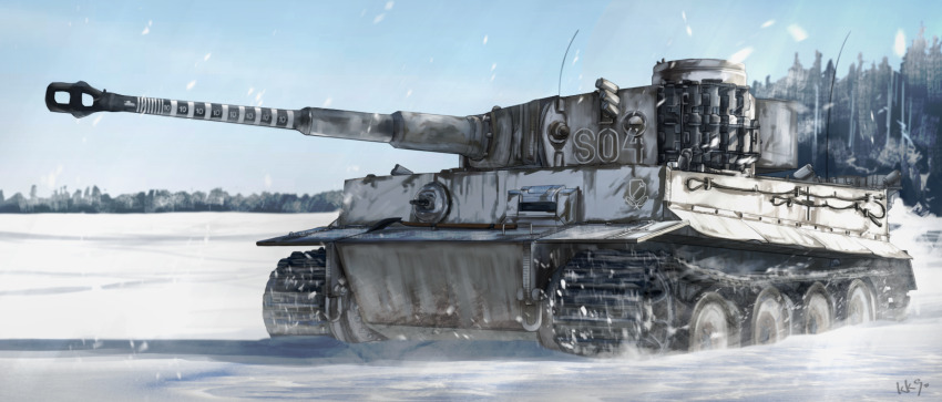 absurdres caterpillar_tracks commentary day english_commentary forest highres kk90 letterboxed military military_vehicle motor_vehicle nature no_humans original outdoors sky snow snowing tank tiger_i tree vehicle_focus