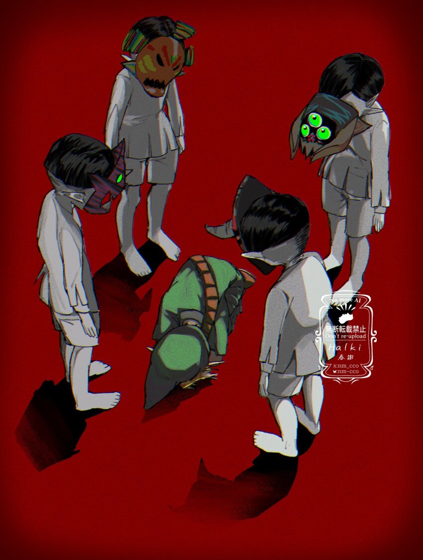 5boys ao_haruki black_hair blonde_hair fetal_position full_body glowing glowing_eyes goht gyorg hat highres link looking_at_another mask moon_children multiple_boys nintendo odolwa pointy_ears red_background short_hair shorts standing the_legend_of_zelda the_legend_of_zelda:_majora&#039;s_mask twinmold