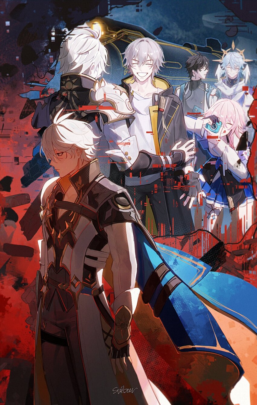 1girl 4boys absurdres antenna_hair armor artist_name astral_express_(honkai:_star_rail) belt black_belt black_choker black_coat black_gloves black_hair black_pants black_shirt blue_cape blue_eyes blue_hair blue_jacket blue_skirt blush breasts brown_eyes caelus_(honkai:_star_rail) camera cape chinese_clothes choker closed_eyes closed_mouth coat collarbone collared_shirt commentary constellation_print cowboy_shot dan_heng_(honkai:_star_rail) dan_heng_(hunt)_(honkai:_star_rail) earrings english_commentary feathered_wings fingerless_gloves from_behind glitch gloves gold_earrings gold_trim grey_hair hair_between_eyes halo halo_behind_head hands_up head_wings highres holding holding_camera honkai:_star_rail honkai_(series) hood hooded_coat jacket jewelry lapels long_sleeves looking_to_the_side march_7th_(honkai:_star_rail) march_7th_(preservation)_(honkai:_star_rail) medium_breasts moonya multicolored_jacket multiple_boys open_clothes open_coat open_jacket orange_cape pants partially_fingerless_gloves phainon_(honkai:_star_rail) pink_hair pleated_skirt puffy_long_sleeves puffy_sleeves purple_shirt scarf shirt short_hair shoulder_armor sidelocks single_earring single_glove skirt smile standing sun_symbol sunday_(honkai:_star_rail) t-shirt taking_picture tassel teeth thigh_strap tied_jacket tongue tongue_out trailblazer_(honkai:_star_rail) train two-sided_cape two-sided_coat two-sided_fabric two-tone_jacket white_coat white_hair white_jacket white_scarf white_shirt wings yellow_coat