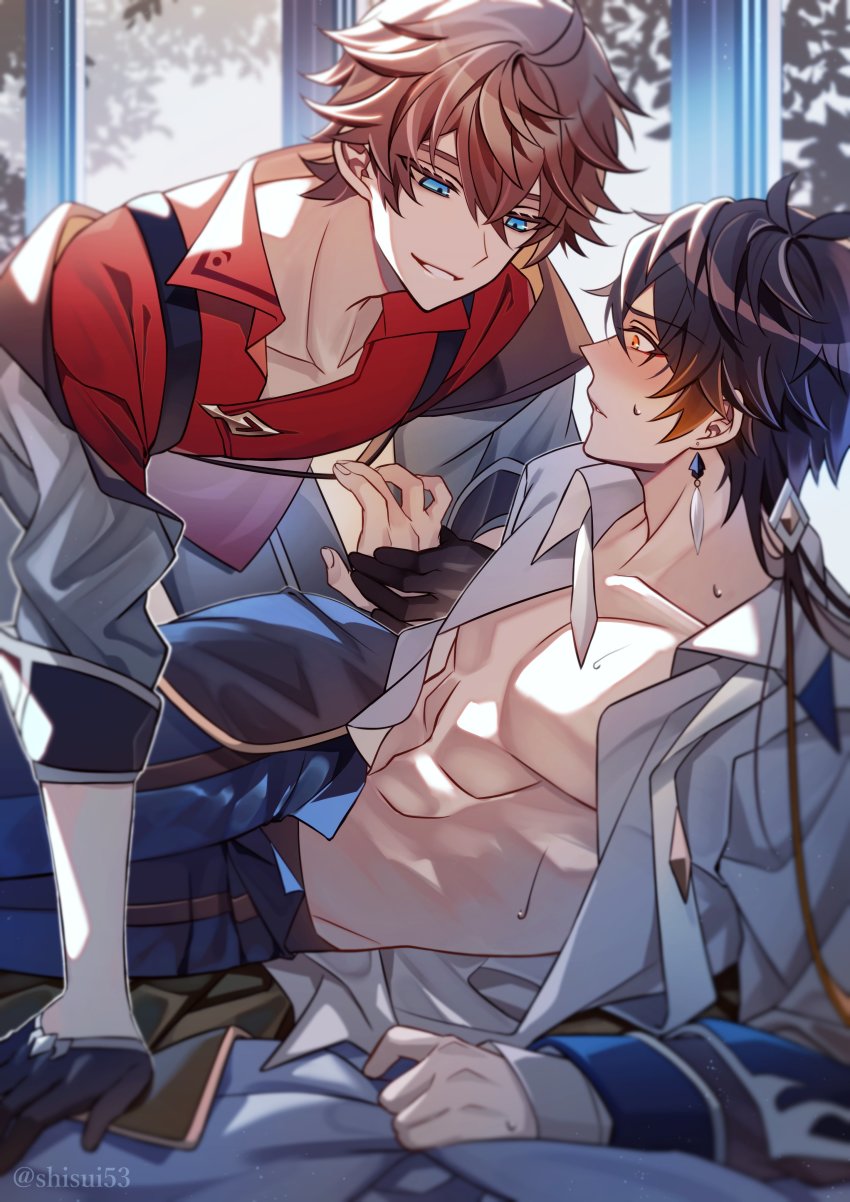 2boys abs absurdres antenna_hair black_gloves blue_eyes blush brown_hair closed_mouth coat_of_arms collarbone commentary_request earrings fingernails genshin_impact gloves gradient_hair grey_shirt hair_between_eyes hair_tie half_gloves highres holding_another&#039;s_arm jewelry long_sleeves looking_at_another low_ponytail multicolored_hair multiple_boys muscular muscular_male necktie open_clothes open_shirt orange_eyes orange_hair pectorals ponytail red_shirt shirt shisui53 short_hair_with_long_locks shoulder_strap single_earring smug sweatdrop tartaglia_(genshin_impact) tassel tassel_earrings twitter_username undone_necktie white_necktie yaoi zhongli_(genshin_impact)