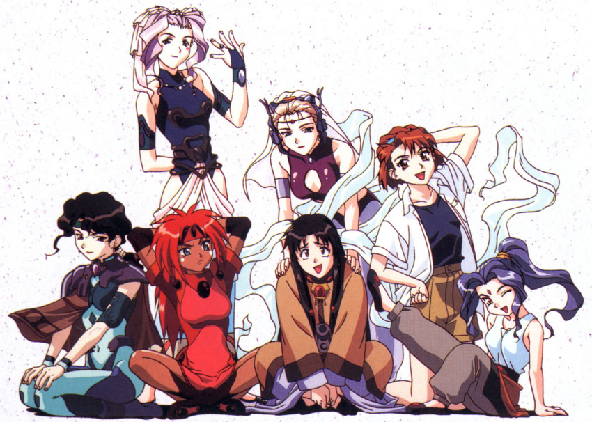 1990s_(style) 1boy afura_mann alielle arm_behind_head arm_up armband arms_behind_back arms_behind_head arms_up blue_eyes bodysuit bridal_gauntlets capelet cleavage_cutout clothing_cutout crossdressing dark_skin el_hazard facial_hair facial_mark forehead_mark hand_on_own_hip hands_on_another&#039;s_shoulders hands_on_own_knees harem_outfit headband high_ponytail indian_style jewelry jinnai_nanami kneeling leaning_forward leg_up long_hair long_sleeves looking_at_viewer miz_mishtal mizuhara_makoto nakazawa_kazuto official_art open_clothes open_mouth open_shirt own_hands_together pink_hair ponytail red_eyes red_hair retro_artstyle ring rune_venus seiza shayla-shayla shirt short_hair short_sleeves sitting sleeveless sleeveless_shirt smile standing v_arms veil