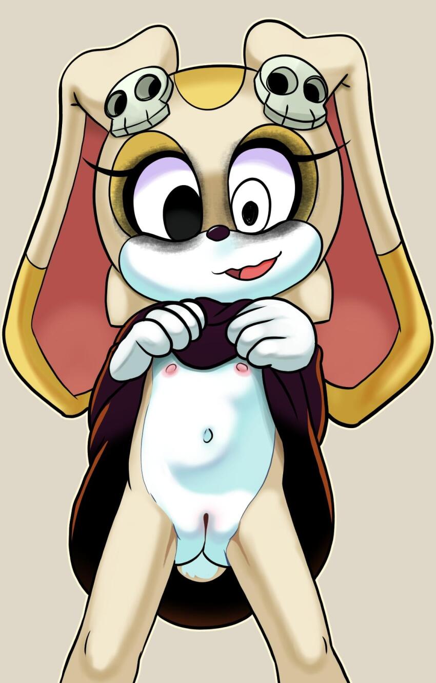 1girl animal animal_ears black_dress black_eyes brown_background clothes_lift cosplay crazy_eyes cream_the_rabbit crossover dress dress_lift flat_chest furry gloves hair_ornament halloween halloween_costume heterochromia highres ichduhernz lenore_lynchfast lenore_lynchfast_(cosplay) lenore_the_cute_little_dead_girl loli long_sleeves looking_at_viewer navel nipples nude open_mouth pussy rabbit rabbit_ears rabbit_girl rabbit_tail sega skull_hair_ornament smile sonic_(series) standing tail white_eyes white_gloves