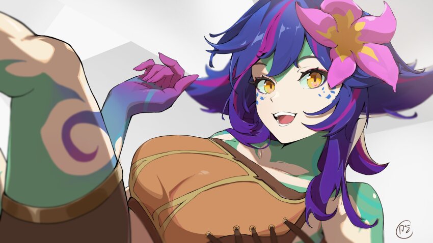 1girl :d blue_hair breasts colored_skin flower green_skin hair_flower hair_ornament hand_up highres hui_shuijiao_de_yu large_breasts league_of_legends multicolored_hair neeko_(league_of_legends) open_mouth pink_flower pink_skin shiny_skin smile solo teeth tongue white_background yellow_eyes
