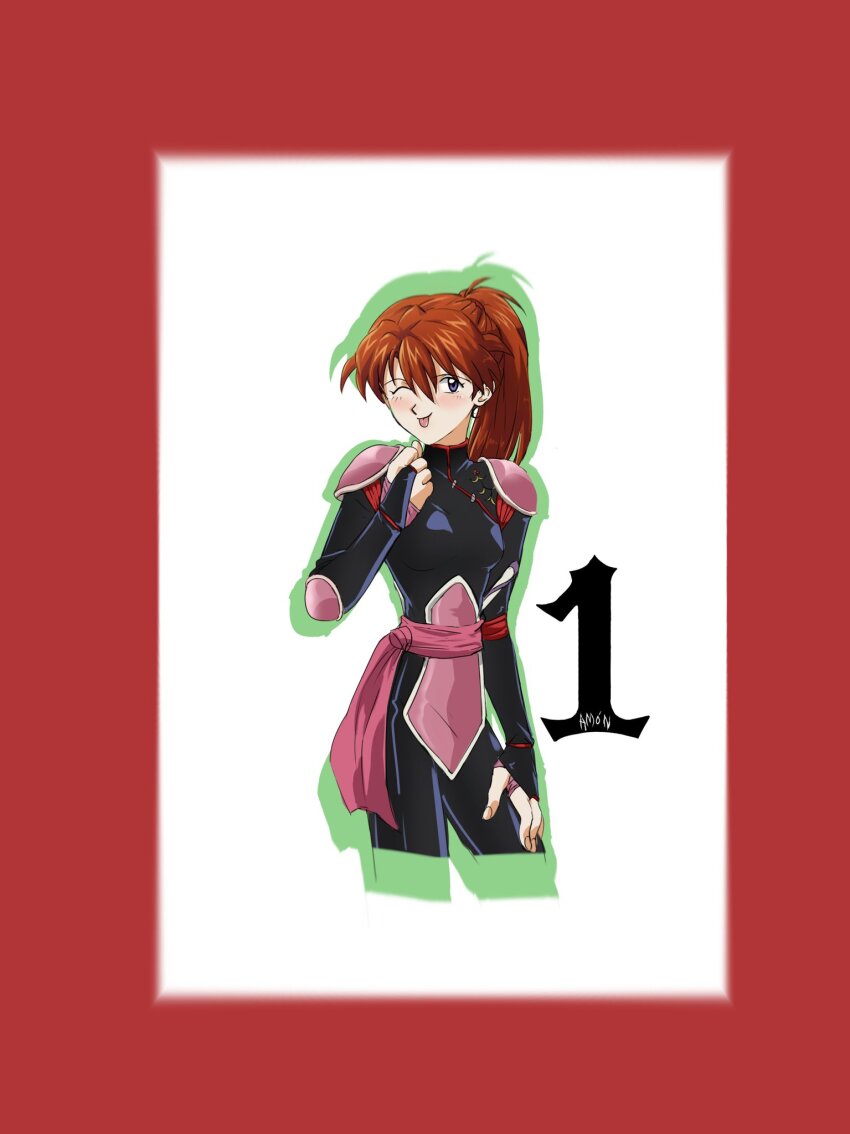 1girl :p amondetauro black_bodysuit blue_eyes bodysuit breasts cosplay cropped_legs highres inuyasha neon_genesis_evangelion one_eye_closed ponytail sango_(inuyasha) sango_(inuyasha)_(cosplay) shoulder_guard small_breasts solo souryuu_asuka_langley tongue tongue_out