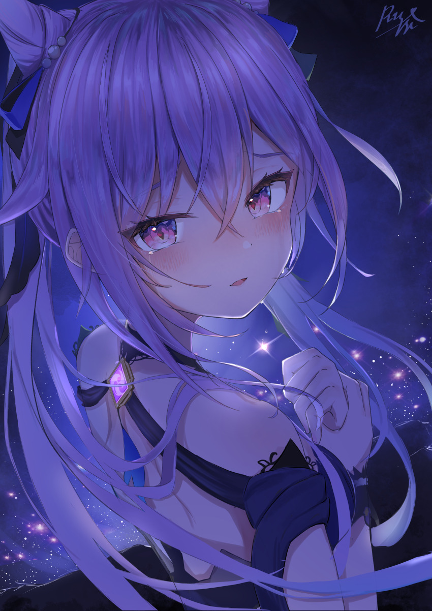 1girl absurdres cone_hair_bun diamond-shaped_pupils diamond_(shape) double_bun dress genshin_impact hair_bun hair_ears highres keqing_(genshin_impact) keqing_(opulent_splendor)_(genshin_impact) pearl_hair_ornament purple_eyes purple_hair russi_silver strapless strapless_dress symbol-shaped_pupils twintails