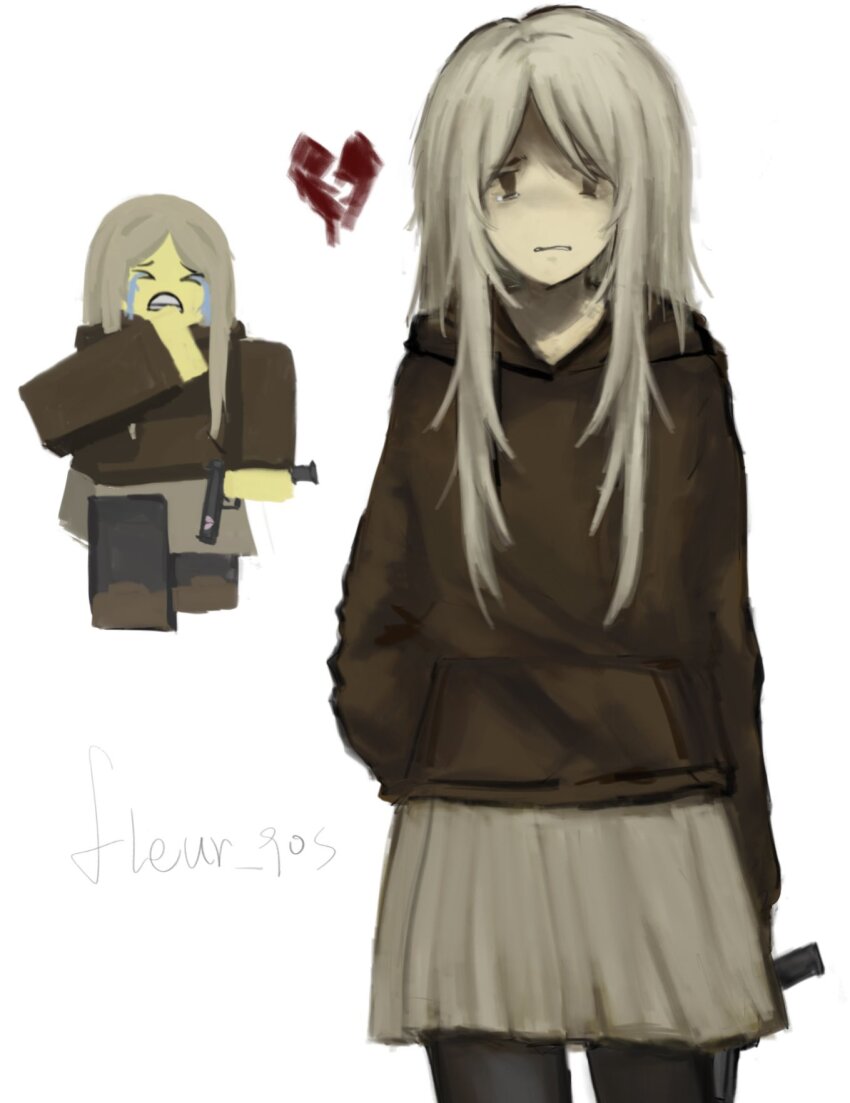 1girl black_thighhighs blonde_hair brown_hoodie brown_shoes flat_chest frown green_skirt gun highres holding hood hoodie long_hair looking_at_viewer pale_color roblox shoes skirt tears thighhighs weapon white_background