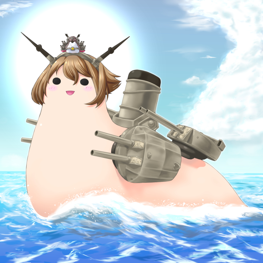 10s :d animalization bird cloud day headgear highres kantai_collection mutsu_(kancolle) mutsu_(kantai_collection) mutsu_(snail) nagato_(kancolle) no_humans open_mouth sailing ship_turret short_hair sky smile snail sun yaso_shigeru