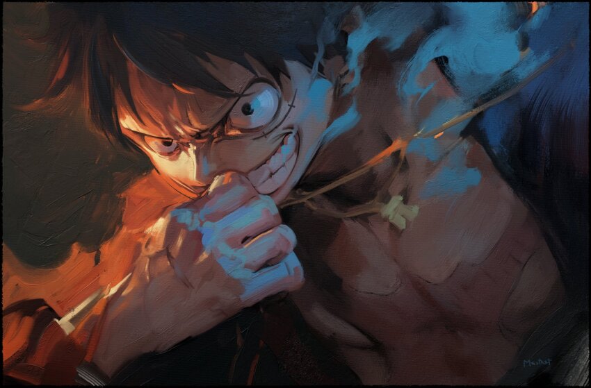 1boy bare_pectorals black_eyes black_hair clenched_hand clenched_teeth cross grin hand_up highres jewelry male_focus monkey_d._luffy necklace one_piece open_clothes pectorals scar scar_on_chest scar_on_face short_hair smile smoke solo teeth upper_body whitehogiii