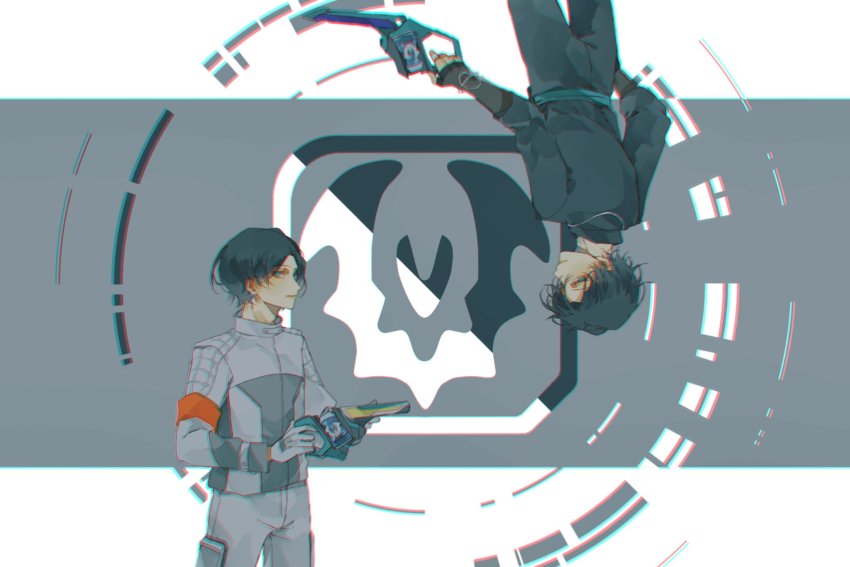 2boys armband bat_(animal) bat_genome black_hair black_nails black_shirt cyuer11 darkness evil_grin evil_smile evilblade fenix_uniform gloves goth_fashion green_eyes grin gun handgun highres holding holding_weapon igarashi_daiji jewelry kagero_(kamen_rider_revice) kamen_rider kamen_rider_revice light livegun male_focus military military_uniform multiple_boys multiple_rings nail_polish pistol ring shirt smile stamp_mark upper_body upside-down vistamp weapon white_gloves