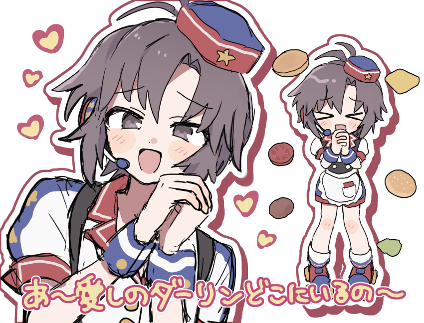 &gt;_&lt; 1girl antenna_hair apron black_eyes black_hair blue_wrist_cuffs blush bun_(food) burger burger_skater_(idolmaster) carhop cheese closed_eyes deformed employee_uniform fast_food_uniform food hands_up hat headset heart highres idolmaster idolmaster_(classic) idolmaster_2 kikuchi_makoto lettuce looking_at_viewer multiple_views open_mouth own_hands_together pnt_0202 roller_skates short_hair short_sleeves simple_background skates sliced_cheese smile tomato tomato_slice translation_request waist_apron waiter waitress white_background wrist_cuffs