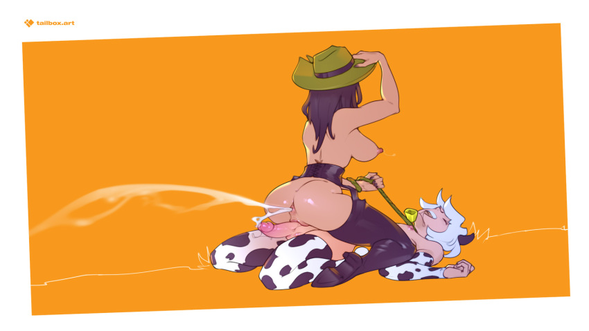 1boy 1girl adjusting_clothes adjusting_headwear anal_squirting androgynous animal_print anus artist_name asphyxiation bell black_footwear black_garter_belt black_horns black_nails black_thighhighs breasts cow_boy cow_horns cow_print cow_print_gloves cow_print_thighhighs cowbell cowboy_hat cowgirl_(western) cowgirl_position cum cum_in_ass drooling ejaculation erection from_behind full_body garter_belt gloves green_hat hat hetero high_heels highres holding_lasso horns large_breasts lasso long_hair nipples noose on_grass orange_background original print_gloves print_thighhighs saliva saliva_trail sex short_hair straddling tailbox teeth thighhighs upper_teeth_only white_hair