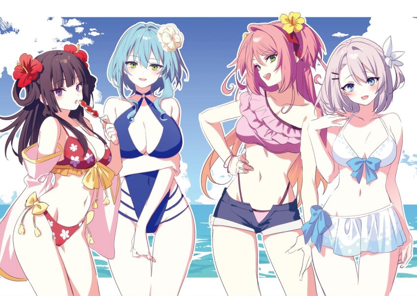 4girls :d amatsu_karla aqua_eyes bikini blue_hair blue_sky bob_cut breasts cleavage covered_navel cowboy_shot cowlick detached_sleeves flower food frilled_bikini frills green_eyes grey_hair hair_flower hair_intakes hair_ornament hair_rings hand_on_own_hip hand_on_own_shoulder hikikomari_kyuuketsuki_no_monmon holding holding_food holding_own_arm long_hair multiple_girls nelia_cunningham ocean official_art one-piece_swimsuit open_mouth pink_hair purple_eyes purple_hair riichu sakuna_memoire short_shorts shorts simple_background sky smile standing swimsuit villhaze