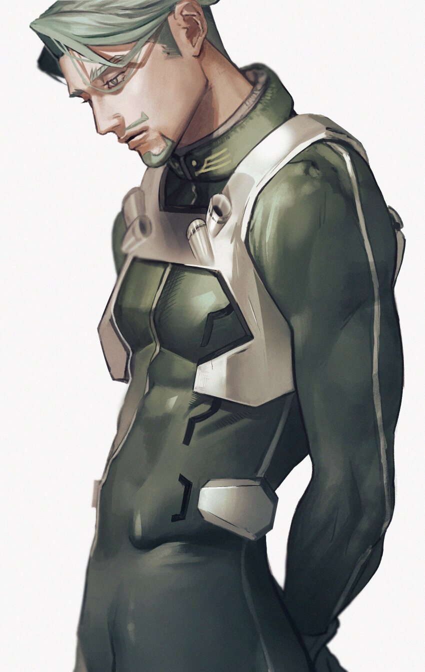 1boy absurdres arms_behind_back beard challia_bull facial_hair green_eyes green_hair gundam gundam_gquuuuuux hayakuinnitte highres male_focus mecha_pilot_suit muscular muscular_male mustache profile short_hair simple_background skin_tight solo upper_body white_background