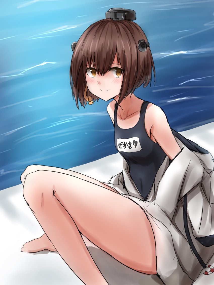 1girl absurdres black_one-piece_swimsuit brown_eyes brown_hair character_name headgear highres jacket kamaboko_senshi kantai_collection name_tag official_alternate_costume one-piece_swimsuit school_swimsuit short_hair sitting solo speaking_tube_headset swimsuit white_jacket yukikaze_(kancolle) yukikaze_(swimsuit)_(kancolle)